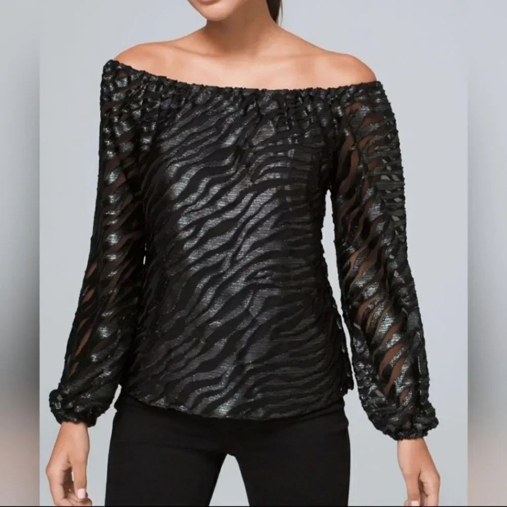🔹️White House Black Market Black Zebra Print Off Shoulder Long Sleeve Top Small